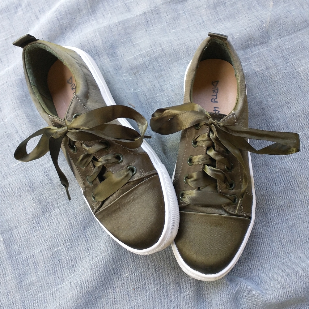 Army Green Ribbon Lace Silky Y2K Coquette Skater Low Sneakers Women's Sz 6.5
